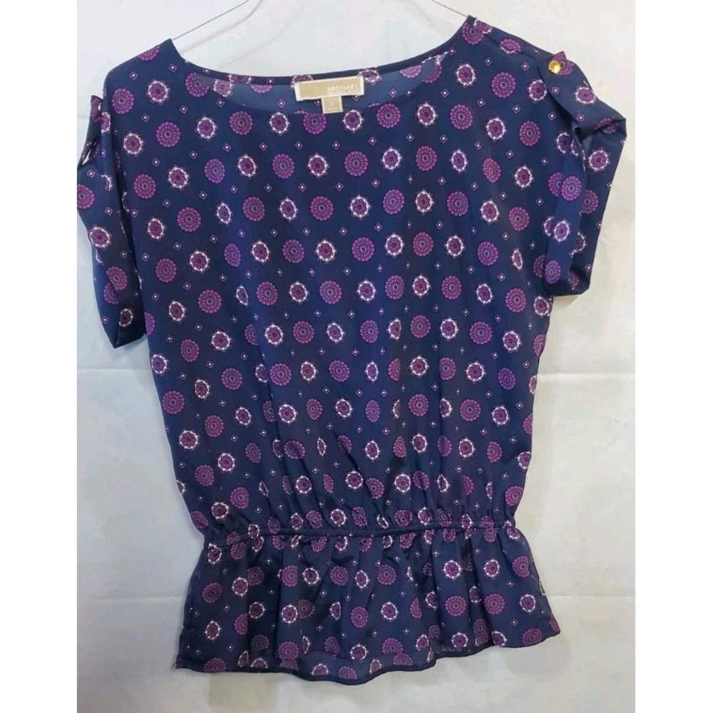 Michael Kors short sleeve top Women‎ Sz S Blue Purple Print Cugged Elastic Waist